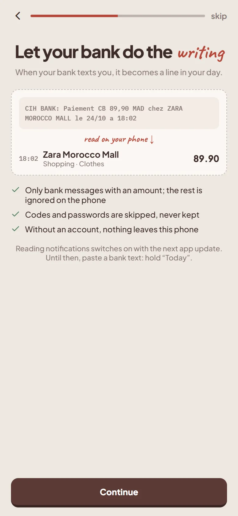 Moonpurse's promise: only bank messages with an amount, codes never kept, nothing leaves the phone without an account