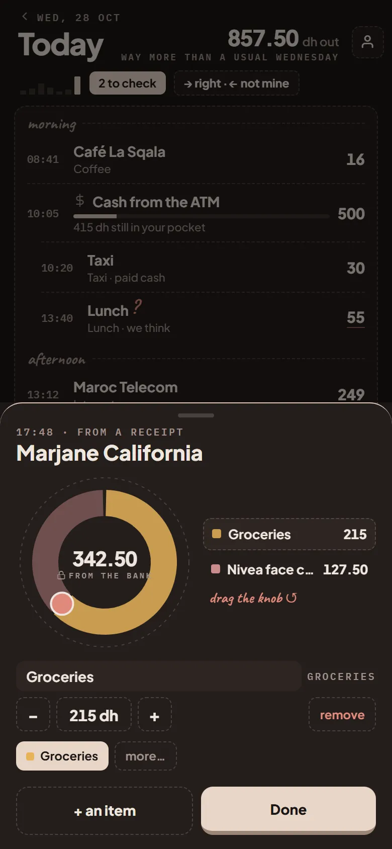 Splitting one payment between groceries and face care with a wheel